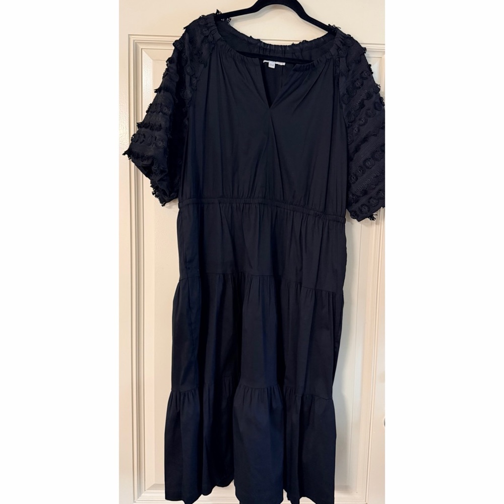 Chico's Black Tiered Midi Dress with Textured Elbow Sleeves Sz XL